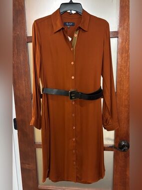 Bariloche Burnt Orange Button-Down Shirt Dress with Black Belt